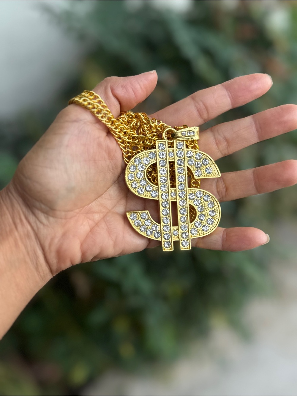 Costume Jewelry Gold Dollar Sign Iced Out Pendant Necklace